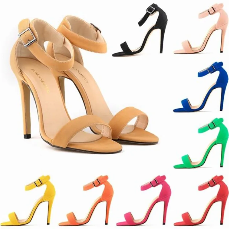 

Sexy word buckle sandals women 2023 summer Round Toe Flock 11CM Thin High heels Buckle Strap sandal women shoes 2023 size 35-42