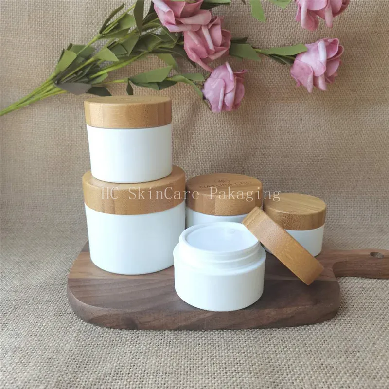 스킨 케어 도구 10g 30g 50g 100g 150g 흰색 PP 플라스틱 병 대나무 뚜껑 천연 대나무 리필 병