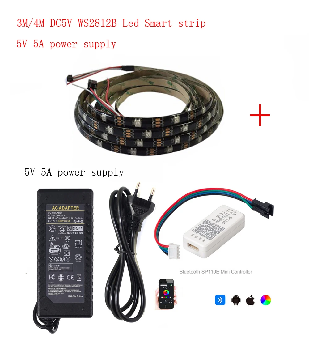 

3-4m DC5V WS2812B Led Strip 30 pixels/leds/m WS2812 IC Smart 5050 RGB led Strip light+5V LED Power Supply + LED Controller