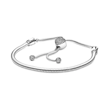 

2020 NEW 100% 925 Sterling Silver Moments Pave Heart Clasp Snake Chain Slider Bracelet Fit DIY Women Original Fashion Jewelry