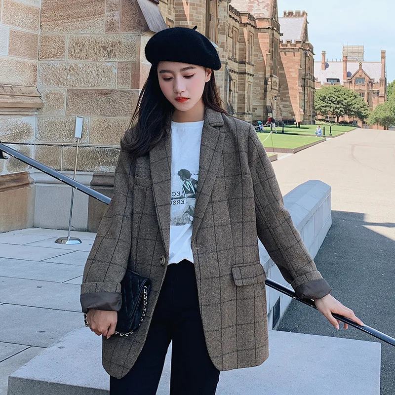 

INS Grid Red Small Suit Coat Women's 2019 Spring New Style Korean-style British Style Woolen Leisure Suit Cool