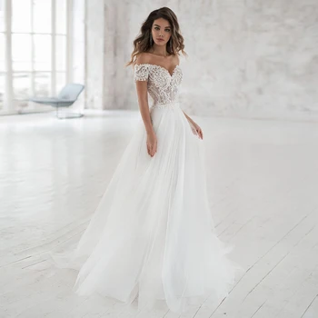 

Charming Sweetheart A-line Bridal Gowns 2020 Sweep Train Appliques Custom Made Tulle Off-the-shoulder Wedding Dresses