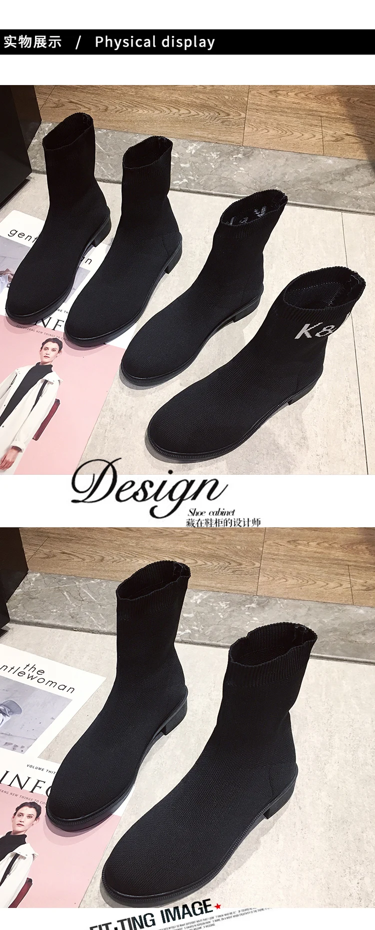Knitted short stretch fabric socks boots low heels letter black ankle martin booties round toe slip on winter snow bottes femme