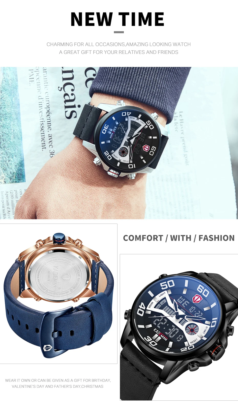 Оригинальные мужские часы KADEMAN New Tech Series Роскошные спортивные часы 3ATM светодиодный дисплей наручные часы повседневные кожаные часы Relogio Masculino