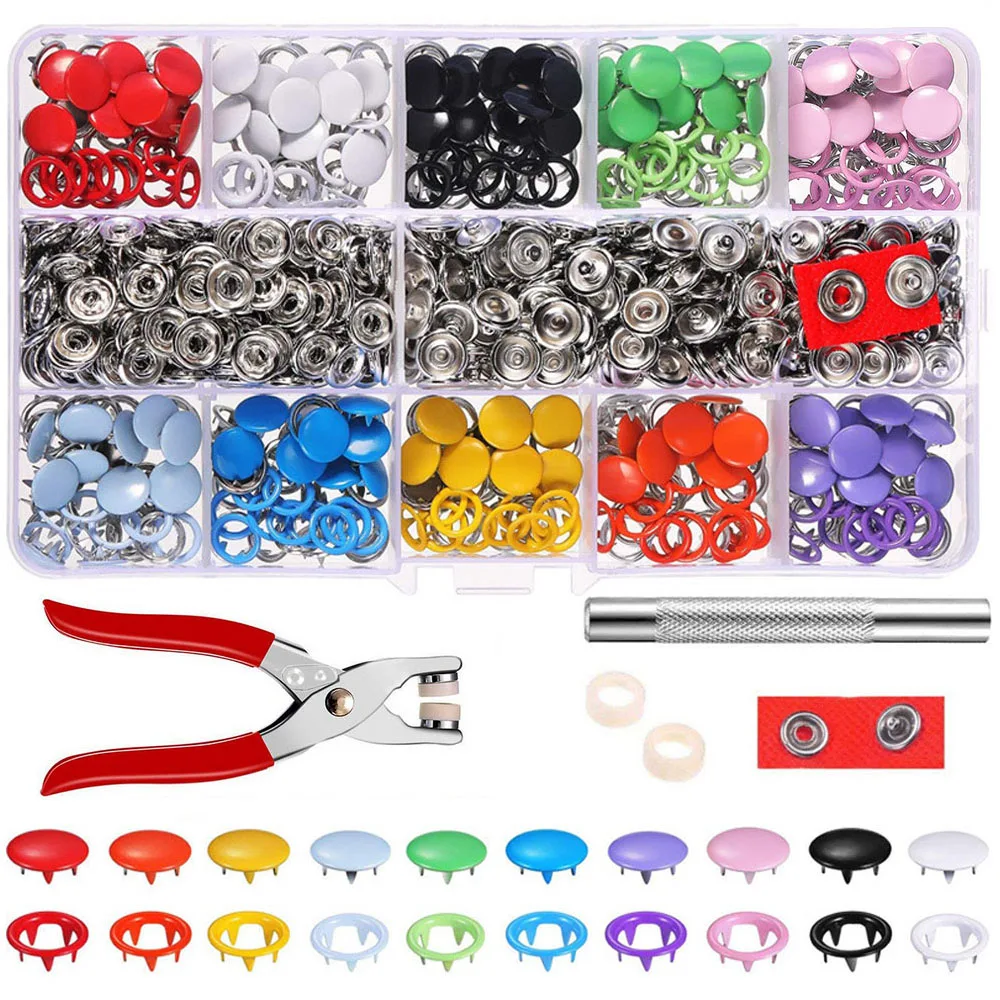 

200pcs Colorful Solid Hollow Metal Prong Snap Buttons Grommet Fasteners Kit with Hand Pressure Plier Tools for DIY Crafts