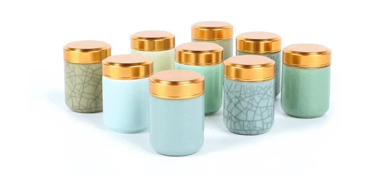 Mini Tea Ceramic Storage Jars Celadon Metal Lid Sealed Cylindrical Container for Storing Tea, Grains, Dry Goods, Candy, Etc._voghion.com