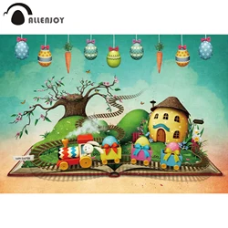 Allenjoy Easter Egg Wallpapers Rabbit train Green Grass Book Child Background Photographic Pastel Spring Props For Photography