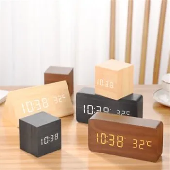 

Multicolor Sound Control Wooden Wood Square LED Alarm Clock Desktop Table Digital Thermometer Wood USB/AAA Date Display