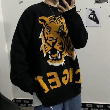 

2019 Autumn And Winter New Loose Retro Tiger Initials Jacquard Sweater Fashion Casual Thickened Pullover Black / Yellow M-XL