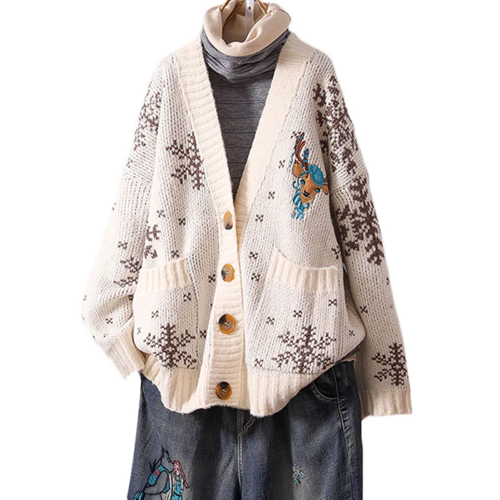 Бежевый Женский кардиган с длинными рукавами с рисунком оленя снежинки вышивка пуговица для свитера пуховая верхняя одежда GDD99 - Цвет: Бежевый