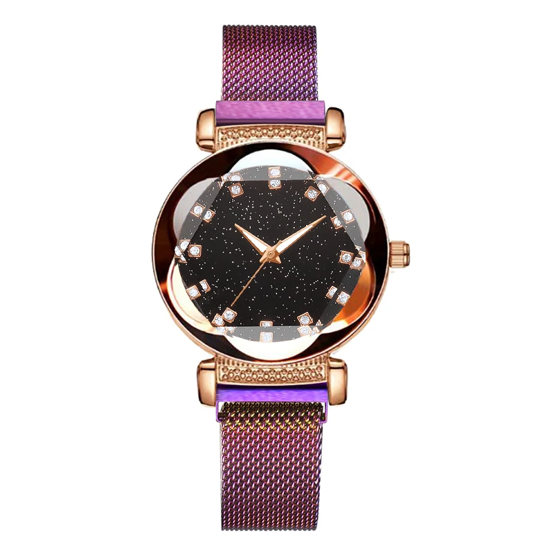 Новые роскошные женские часы модные элегантные с магнитной пряжкой розовое золото женские наручные часы Звездное небо алмазный подарок кварцевые часы - Цвет: Purple