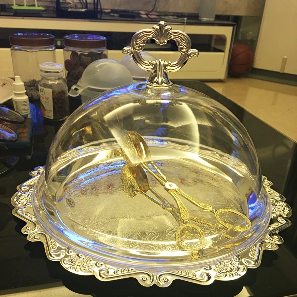 Серебряная тарелка для торта с крышкой, десертная тарелка для закуски, поднос для свадьбы, дня рождения, Декор, домашняя тарелка для еды, аксессуары