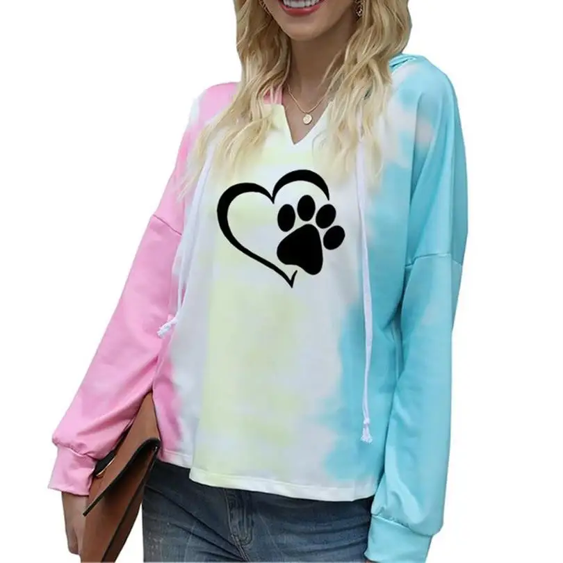 Dog Paw Print Hoodies For Women Tie-Dye Hooded Long-Sleeved Sweatshirt Tops Oversize Ladies Pullovers Women Pockets