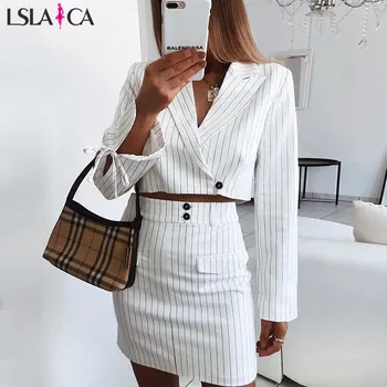 

Lslaica New women's sets umbilical striped lapels Slim casual temperament elegant suit short skirt office two-piece suit