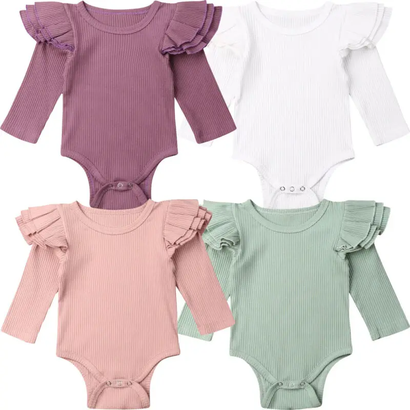 Newborn Baby Girl Bodysuits Winter Solid Ruffle Bodysuits Girl Long Sleeve Jumpsuit Bodysuit Outfit Knitted Baby Clothes