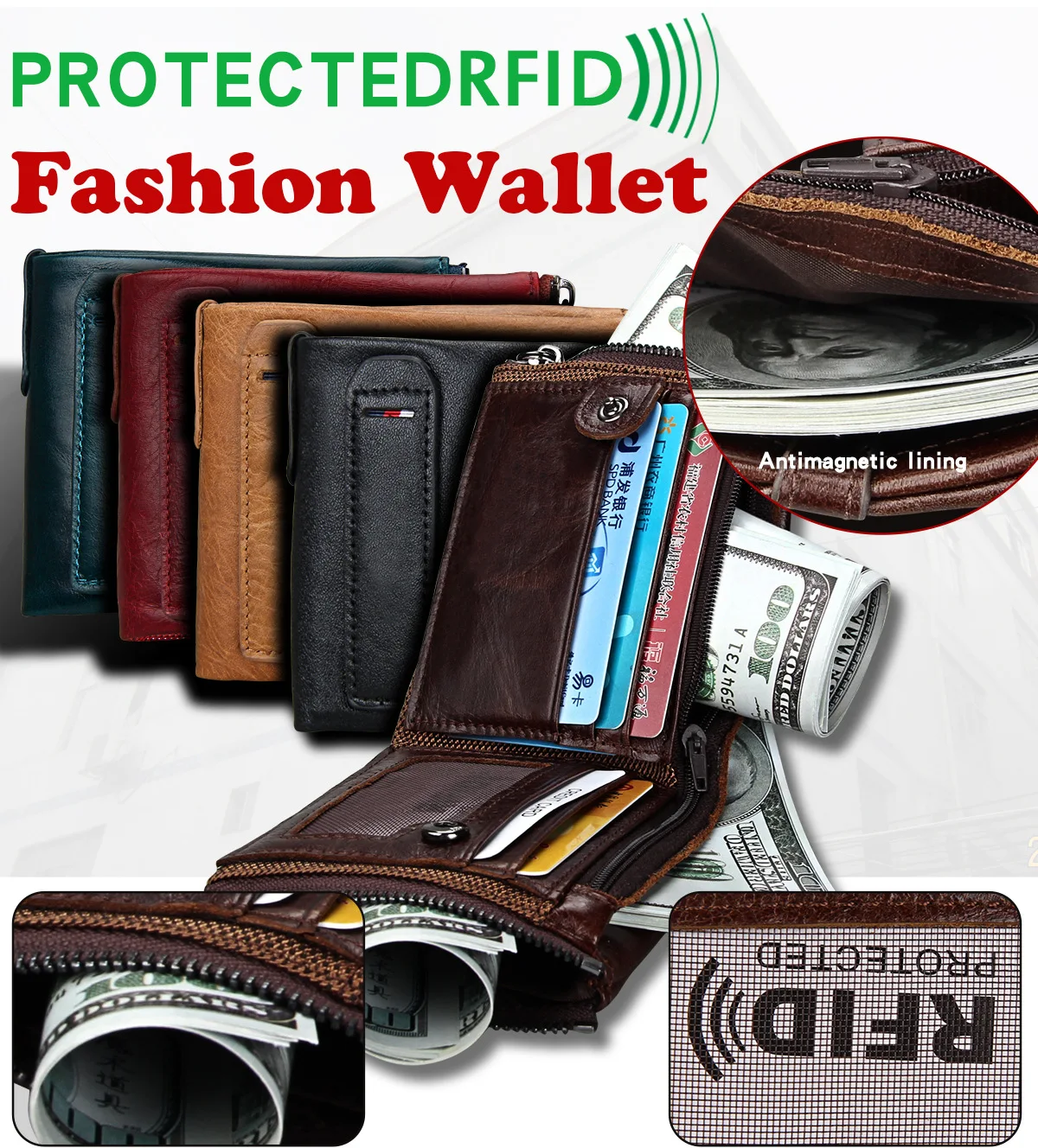 Мужские кошельки RFID, натуральная кожа, двойная молния, держатель для карт, Короткий Мужской кошелек, карман для монет, винтажный бренд, высокое качество, кошельки