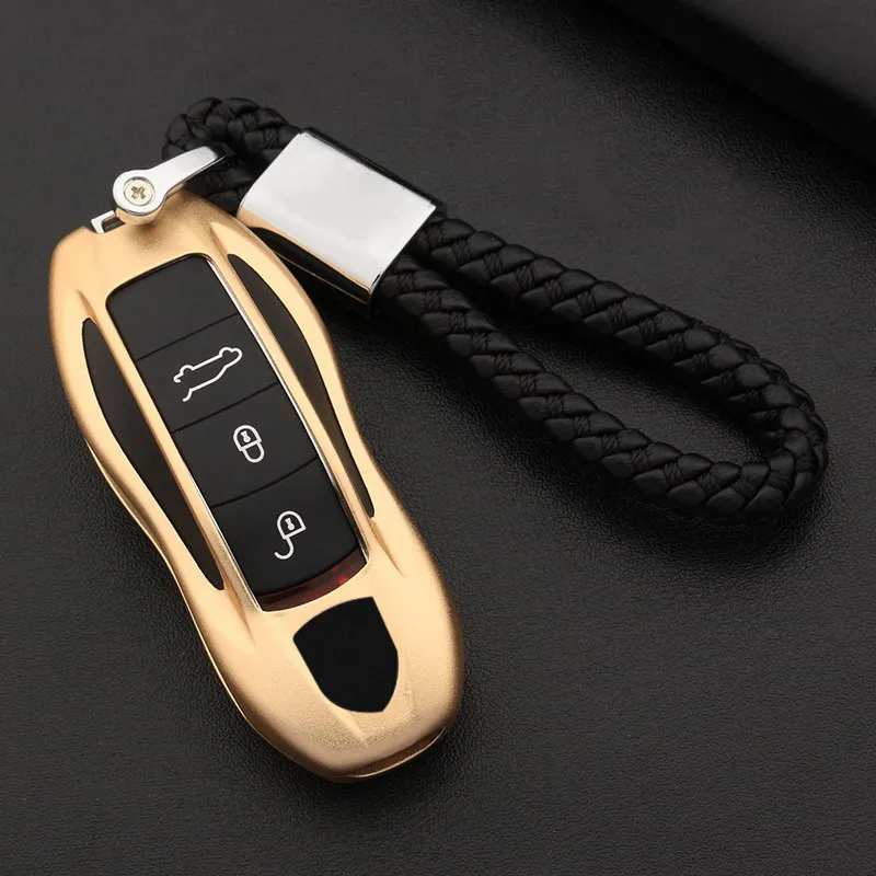 Алюминиевый Брелок для автомобильных ключей, дистанционное оболочка для Smart ключа Держатель крышки для Porsche Cayenne Macan 911 Panamera чехол для ключей брелок для ключей - Название цвета: Gold with keychain
