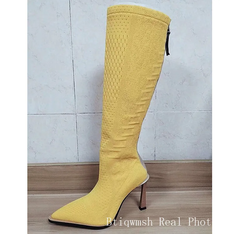 Yellow Long Boots Вязаные эластичные сапоги до колена; женская обувь с острым носком и вышивкой на необычном высоком каблуке; женские эластичные ботильоны для подиума - Цвет: Yellow Long Boots