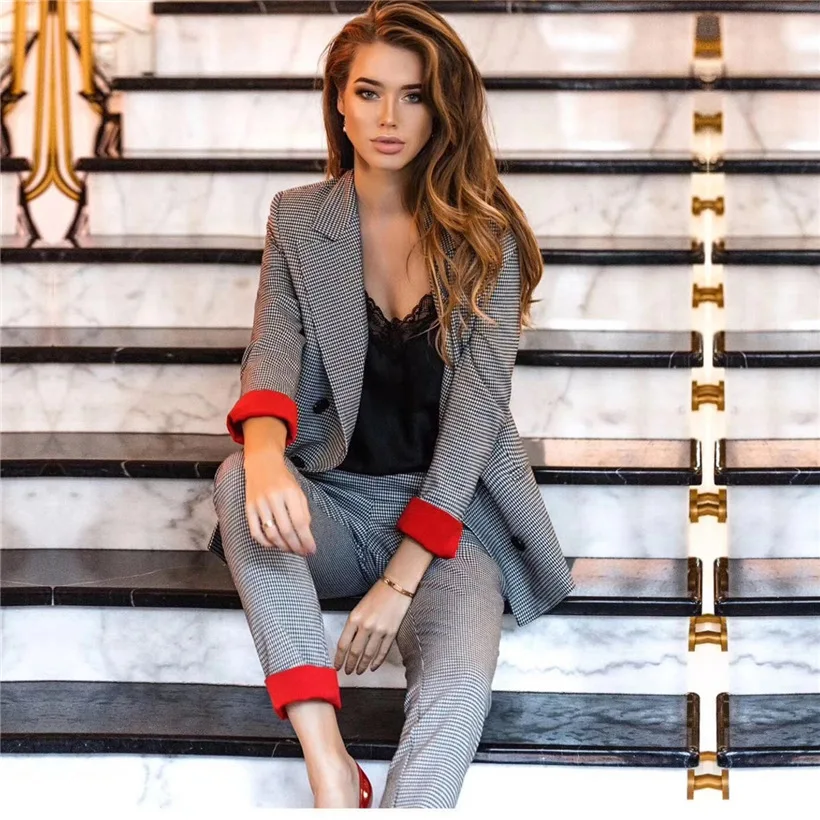 

New Spring Autumn Two Piece Set 2019 Double Button Notched Collar Blazer With Pants Set Women Plaid Work Office 2 Piece Outfits