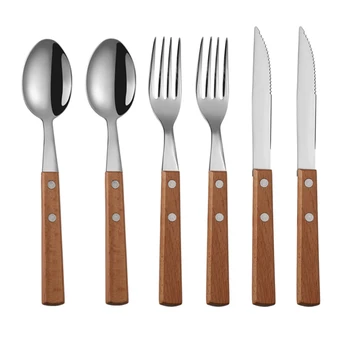 

Tablewellware Silverware Tableware Fork Spoon Knife Set 6pcs Cutlery Set Kitchen Dinnerware Set Stainless Steel with Wood Holder