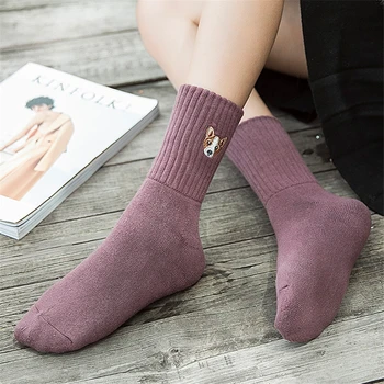 

autumn and winter new cute embroidery dog socks thick warm wool socks happy ladies in the tube terry socks Fashion