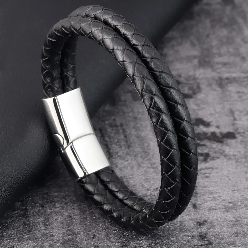 New Fashion Jewelry Men Bracelet Stainless Steel Magnet Clasp Genuine Leather Cuff Bangle Bracelet Men - Image 2
