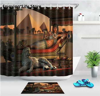 

12 Hooks Shower Curtain Rug Ancient Egyptian Lady Cheetah Waterproof Fabric Shower Curtain Set Bathroom Mat Bath 72" 24x16 Mat