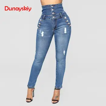 

2020 New Jeans Womens High Waist Elastic Skinny Denim Long Pencil Pants Plus Size Buttons Jeans Trousers Pencil Pants Jeans
