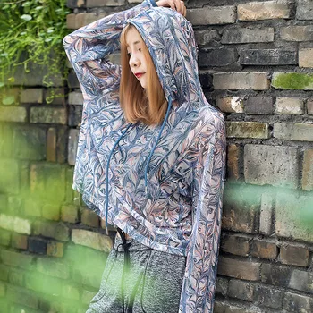 

Spring and summer women's lady printed mesh hooded hoodie back hollow breathable fitness running pullover hoodie