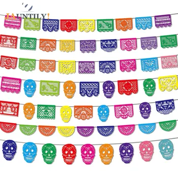 

Mexican Theme Carnival Queue Party Decoration Square papel pint Decorated Felt Flag Garland Day of The Dead Banner Skull Pattern