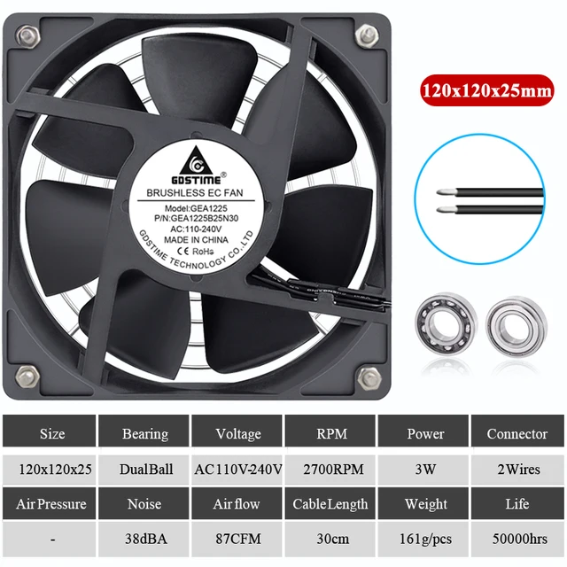 Gdstime EC Brushless Cooling Fan AC 110V 120V 220V 240V Ball Bearing Axial Fan with Srews/Grill 60MM 80MM 90MM 120MM Ball 120x120x25mm