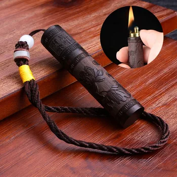 

Creative ebony shell cylindrical wood grinding wheel retro kerosene lighter Pendant mini portable