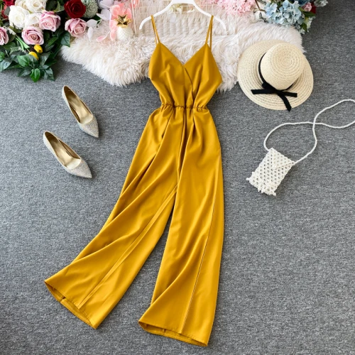 Летний комбинезон без рукавов с v-образным вырезом, женские широкие брюки, комбинезоны на тонких бретелях, женские сексуальные комбинезоны с открытой спиной, повседневные женские комбинезоны - Цвет: Цвет: желтый
