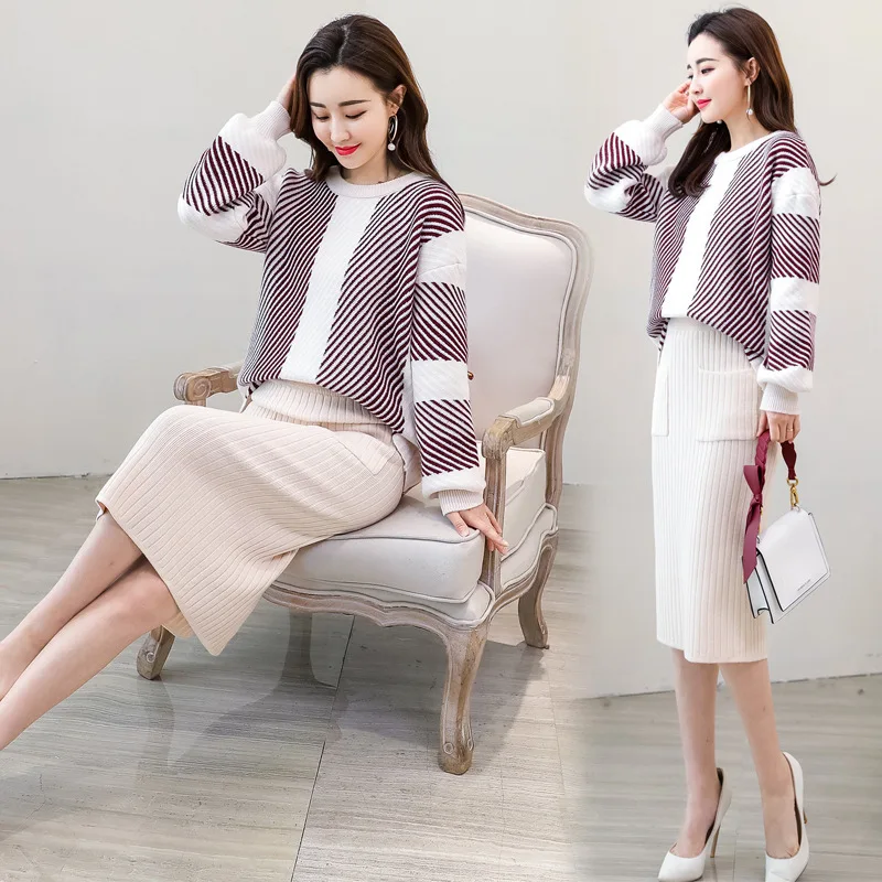 

2019 Spring Versatile Korean-style WOMEN'S Two-piece Suit Laziness Ventilation Network Red Casual Sweater Dress Women's Trend of