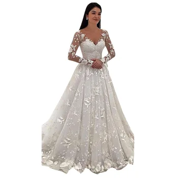 

Sexy Women Wedding Dress White Lace Long Dress Deep V-neck Long Mesh Lace Sleeve A-line Pleated Floor-length Dresses