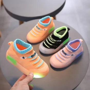 

ZP-Children Fly Weave Breathable One Foot Sneakers LED Light Soft Soles Non-slip Socks Shoes·