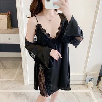 

Women Kimono Bathrobe Gown Satin 2PCS Sleep Set Nightdress Sexy Nightwear Intimate Lingerie Silky Lace Nighty&Robe Home Clothes