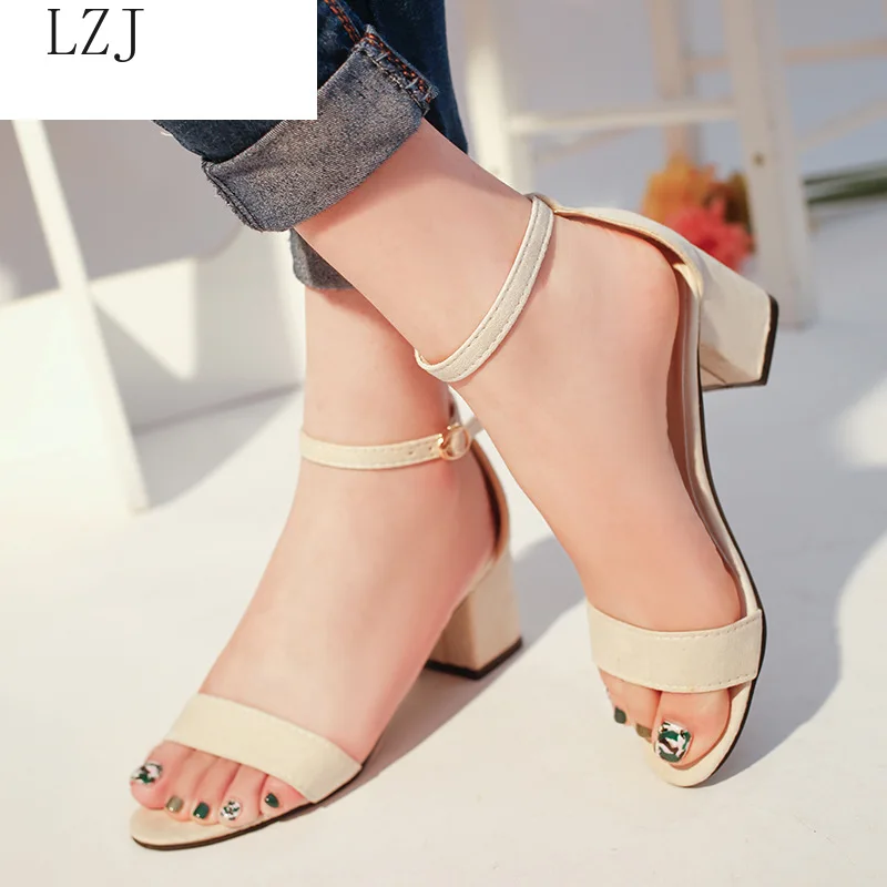 

Summer Sandals Fish Mouth Women Sandals Suede T Tied High Heels Square Heel Woman Buckle Shoes Size 35-42