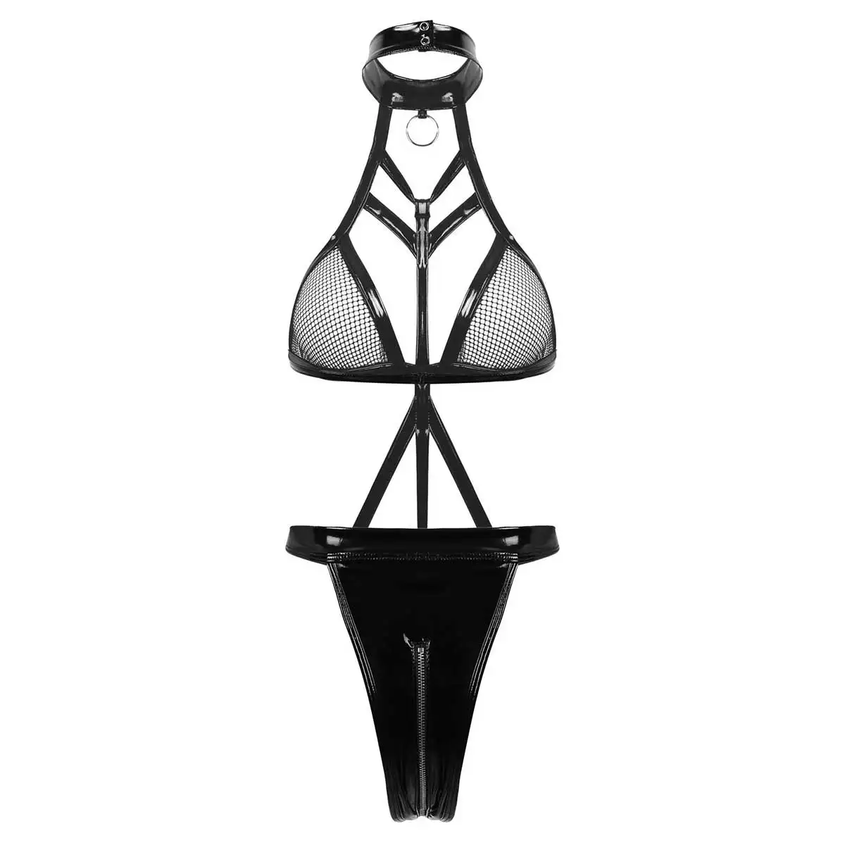 Sexy Nude Porn Body Womens Wet Look Patent Leather Bodysuit Pornographic Lingerie Open Cups Low Back Zippered Crotch Teddies