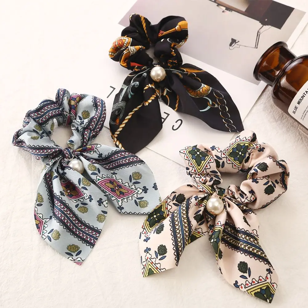 1Pcs Flower Exquisite Beautiful Print Seaside Gifts Hair Rope Adjustable Pearl 5 Colors Valentines Gift Elastic Unique Bowknot