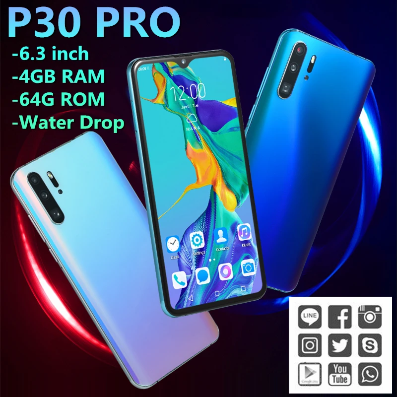 

Original Mobile Phone P30 Pro 4GB RAM 64GB ROM 6.3INCH 13MP 4800mAh Quad Core Face Recognition Unlocked Smartphones Android OS