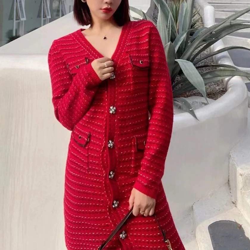 

2021 Women Dress Autumn/winter New Mixed Knitted Cardigan Slim Dress