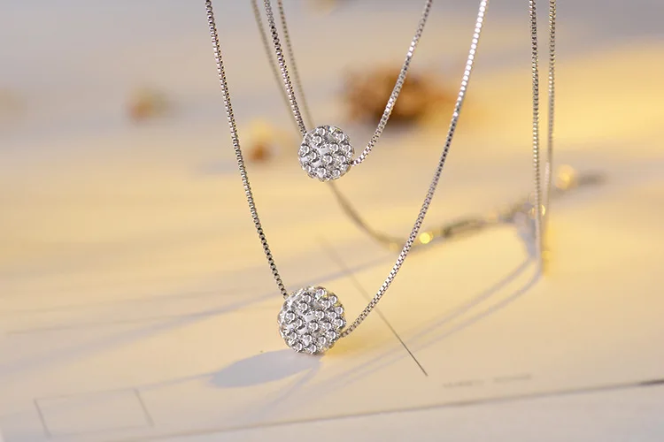925 Sterling Silver Double Layer Shiny CZ Zirconia Crystal Lucky Ball Pendant Necklace For Women Gift pendant necklace,silver necklace,silver pendant