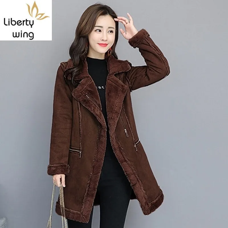 

New Korean Harajuku Solid Suede Jacket Womens Winter Jackets Thick Warm Faux Leather Coat Long Female Fashion Parkas Outerwear