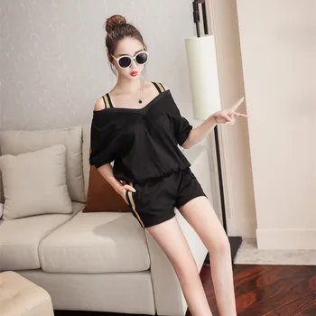 

Summer New Fashion Two Piece Set Women Korean Popular Loose Strap V-neck T Shirt And Shorts 2 Piece Set Women Casual Tracksuit