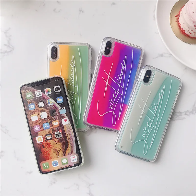Ночной светящийся жидкий ТПУ с песчаным декором+ PC чехол для телефона iphone XR X XS Max 6 6S 7 8 Plus милый защитный чехол с буквами
