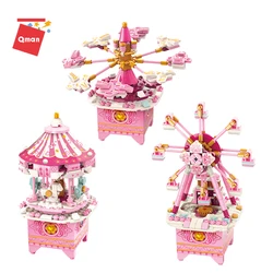 Qman Mini Castillo giratorio de princesa para niñas, caja de música, bloques de construcción, parque de sueños, juguetes para niños, regalo, serie Friend 3 en 1, 418 Uds.