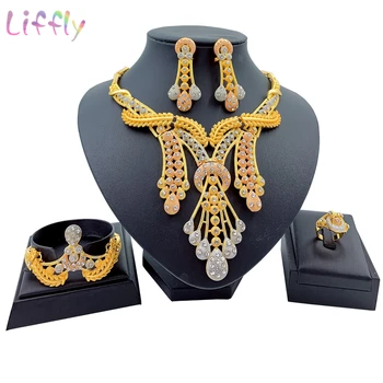 

New Big African Gold Jewelry Set for Women Nigerian Necklace Statement Jewellery Three Tone Necklace Earrings