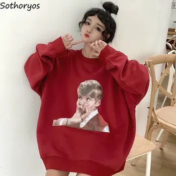 

Hoodies Women O-Neck Character-printed Korean Style Casual Pullover Loose All-match Womens Long Sleeve Hoodie Clothes Harajuku