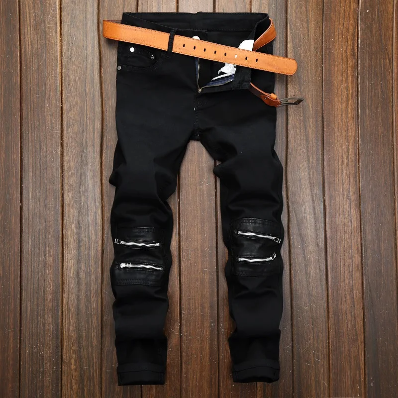 KIOVNO Men's Slim Casual Jeans Pants Knee Zipper Biker Striaght Denim Trousers For Male Size 29-40 Solid Color (5)